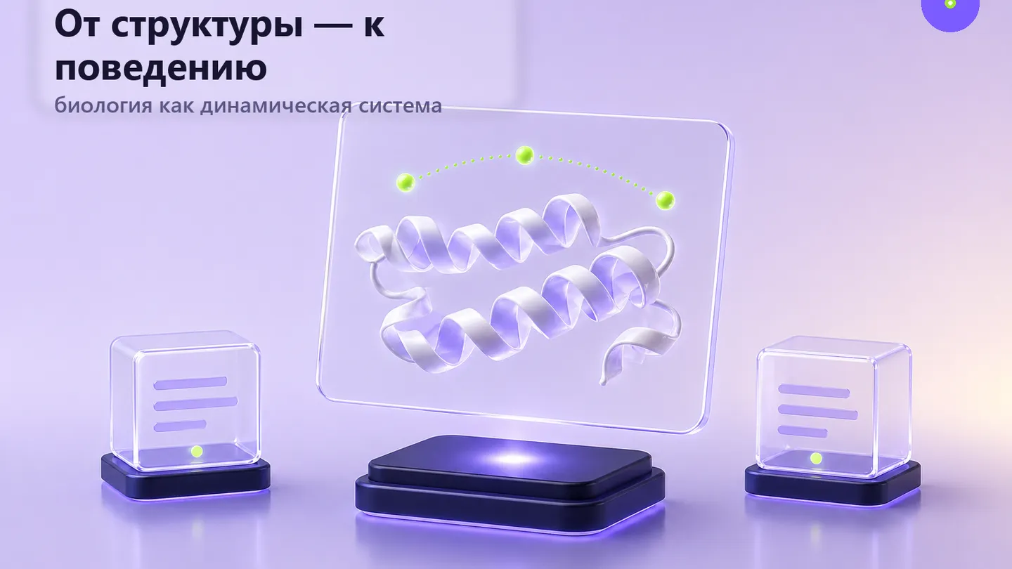 Светлая научная иллюстрация белковой формы, из которой расходятся линии взаимодействий и молекулярных связей.