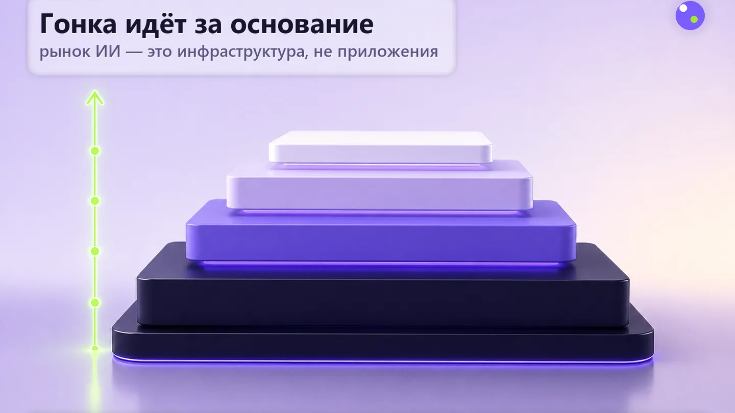 Редакционная обложка SCQR к материалу «Почему рынок ИИ всё больше похож на инфраструктурную гонку, а не на гонку приложений».