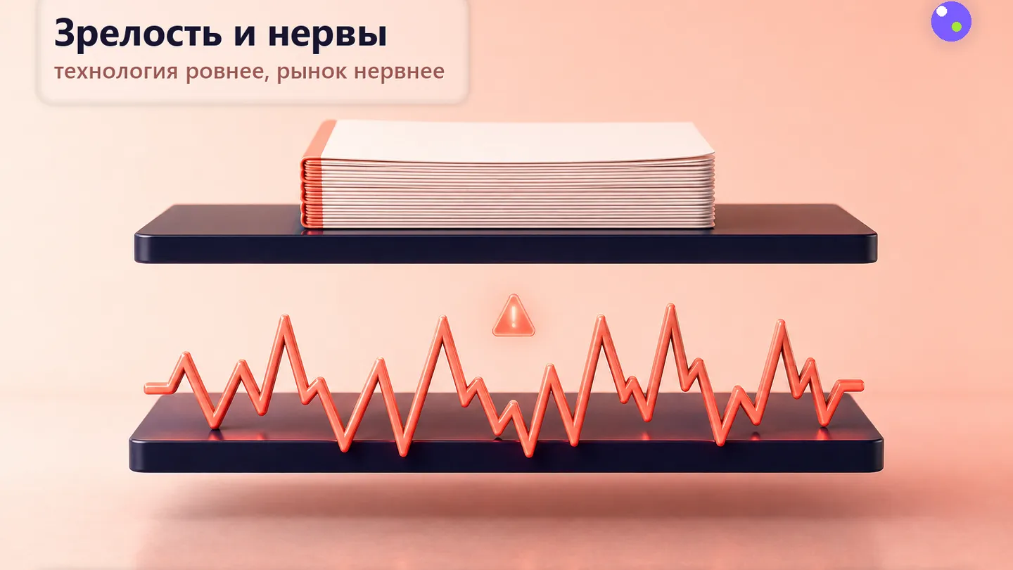 Редакционная обложка SCQR к материалу «Мы вошли в фазу, где язык ИИ становится взрослее, а рынок — нервнее».