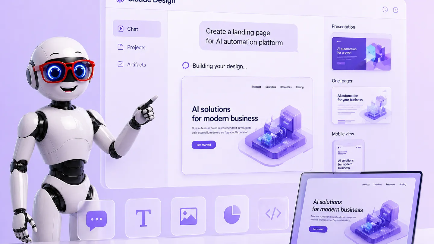 Маскот SCQR указывает на интерфейс Claude Design с собранным наброском посадочной страницы.