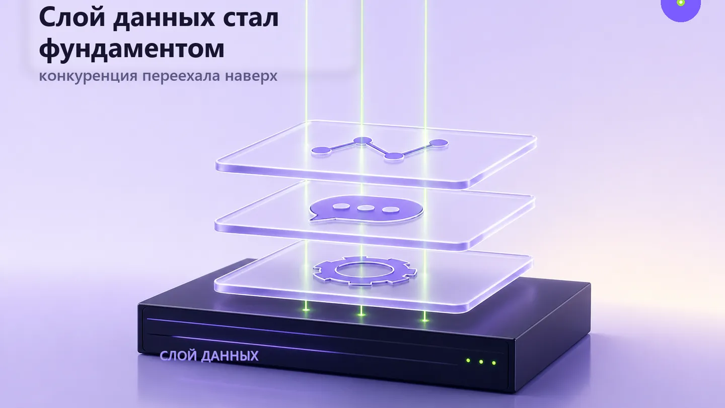 Слой за слоем: на нижнем — слой данных как сетка; над ней — приложения как карточки; стрелки идут только вверх.