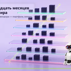 Трёхмерная сетка точек: каждая точка — один релиз модели; точки выстроены по линиям одного цвета на разной глубине, как полки фабрики.