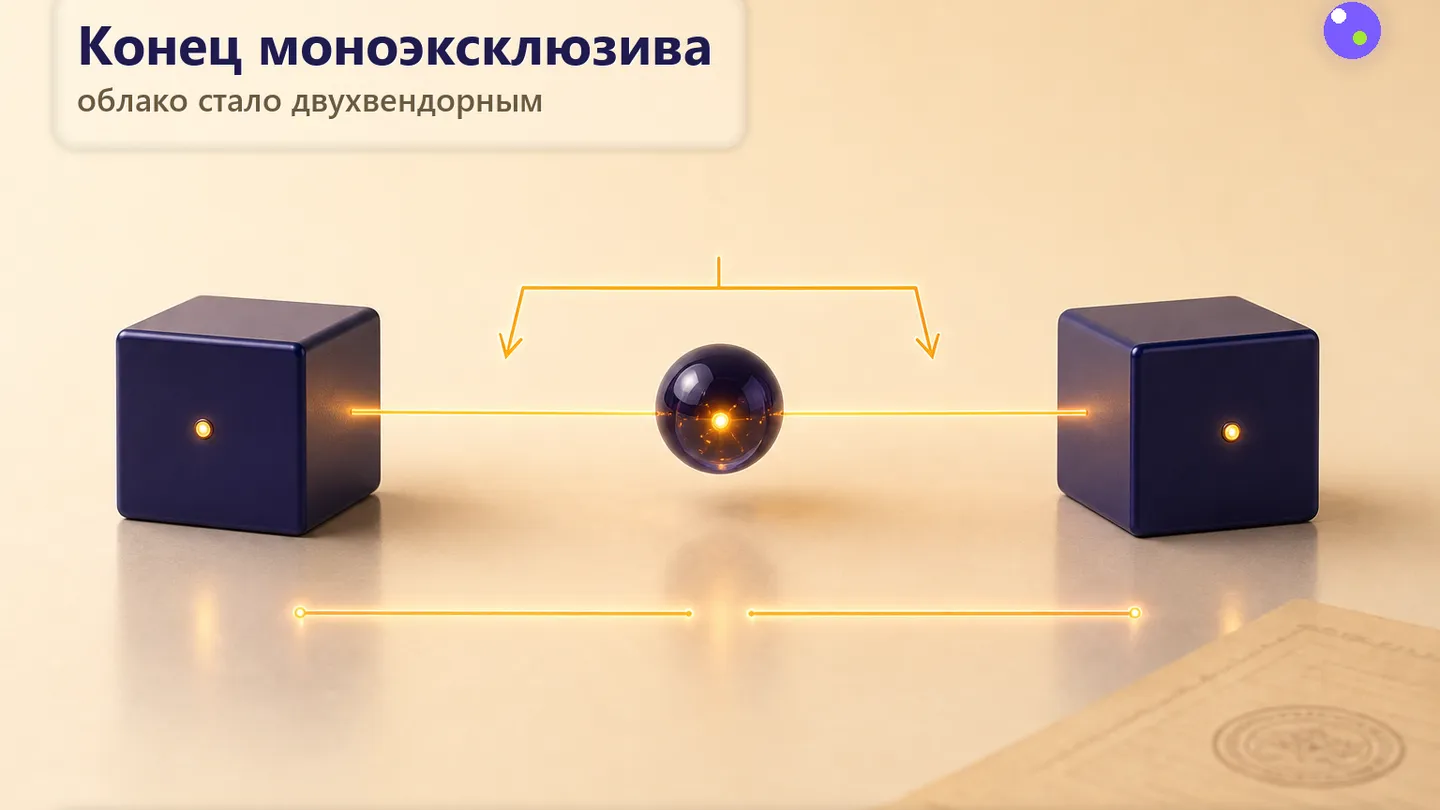 Редакционная обложка SCQR: фронтирная лаборатория с двумя облаками-вендорами вместо одного, на месте оторванной эксклюзивной связи.
