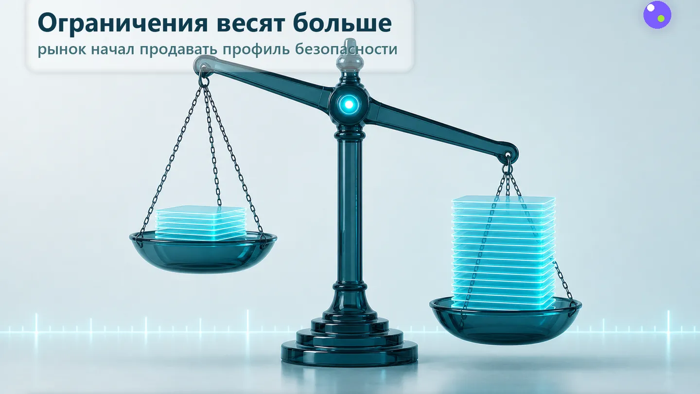 Редакционная обложка SCQR: на витрине лаборатории слева — список того, что модель умеет, справа — отдельный детализированный список того, что она не делает; правая витрина больше.