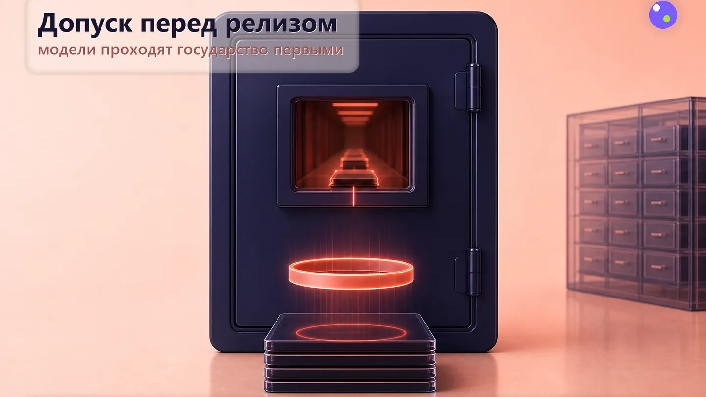 Редакционная обложка SCQR: модель уходит в закрытую дверь с печатью одобрения, прежде чем выйти на рынок; за дверью видна перспектива новых релизов в очереди.