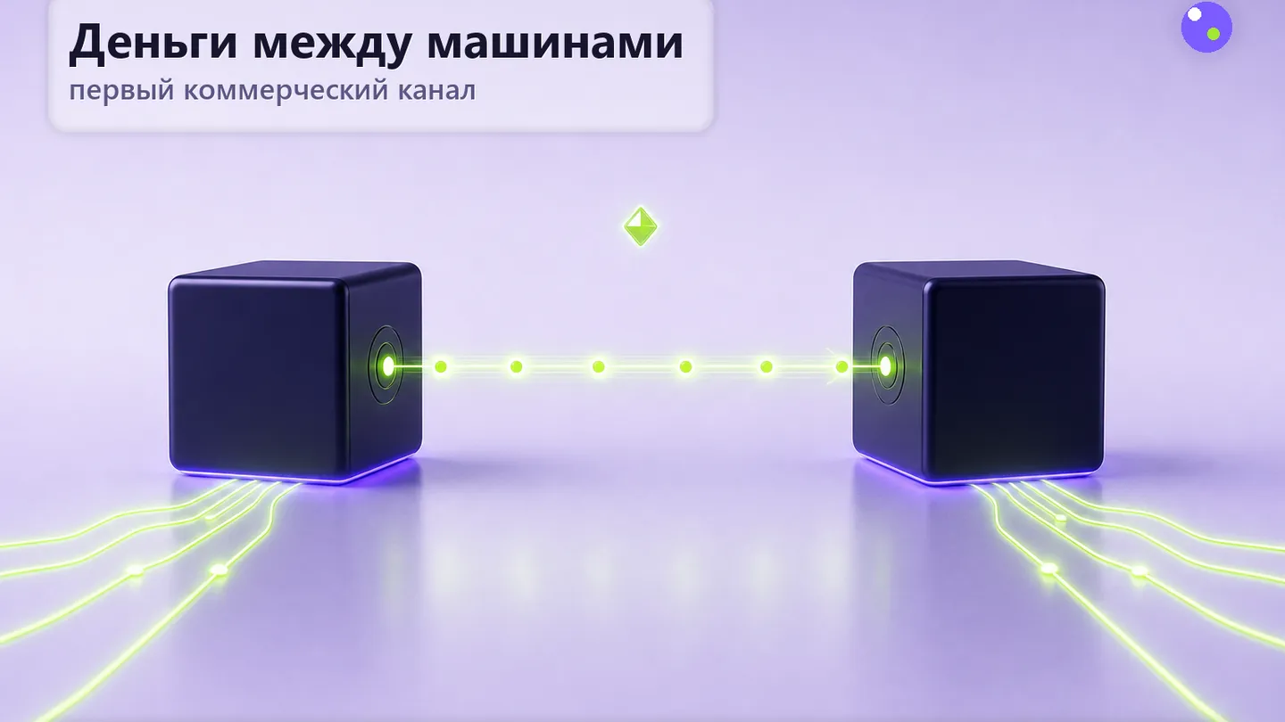 Редакционная обложка SCQR: между двух агентов парит подсвеченный канал транзакции, мимо человека-оператора, который остаётся в зоне разрешения, а не исполнения.