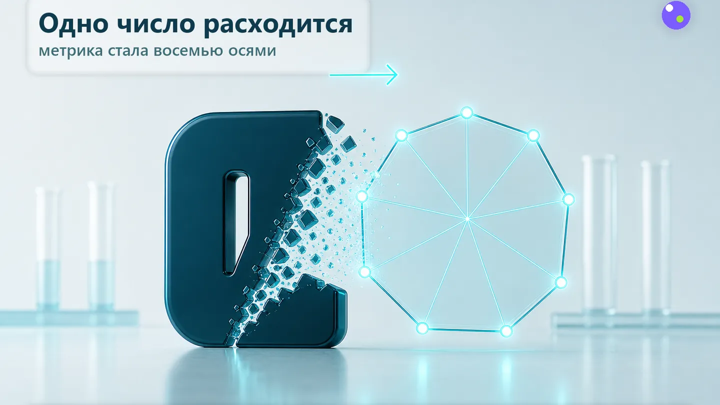 Редакционная обложка SCQR: одна цифра разламывается на восемь параметров; шкала вместо одной превращается в радар-диаграмму; внизу — лабораторный стол с пробирками.