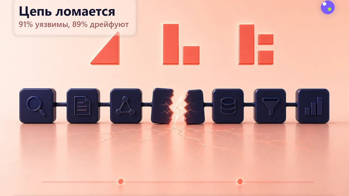 Редакционная обложка SCQR: цепочка инструментов, в одном из звеньев — разлом; рядом счётчик с тремя крупными цифрами, под ним мелким шрифтом контекст.