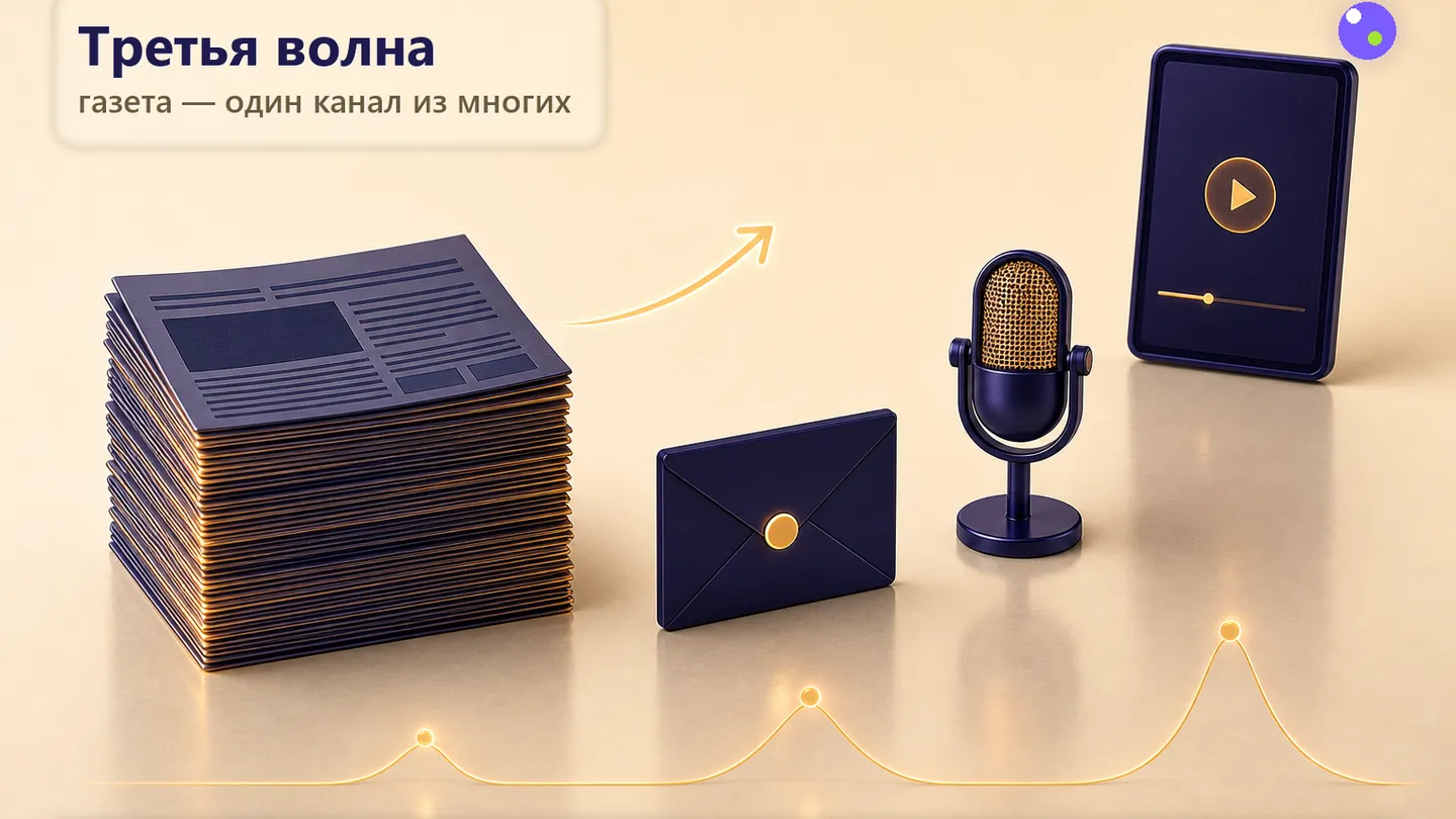 Редакционная обложка SCQR: газетная стопка слева, отдельный newsletter и микрофон справа; стрелка из стопки в индивидуальный канал, в фоне три волны разной высоты по годам.