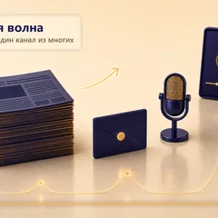 Редакционная обложка SCQR: газетная стопка слева, отдельный newsletter и микрофон справа; стрелка из стопки в индивидуальный канал, в фоне три волны разной высоты по годам.